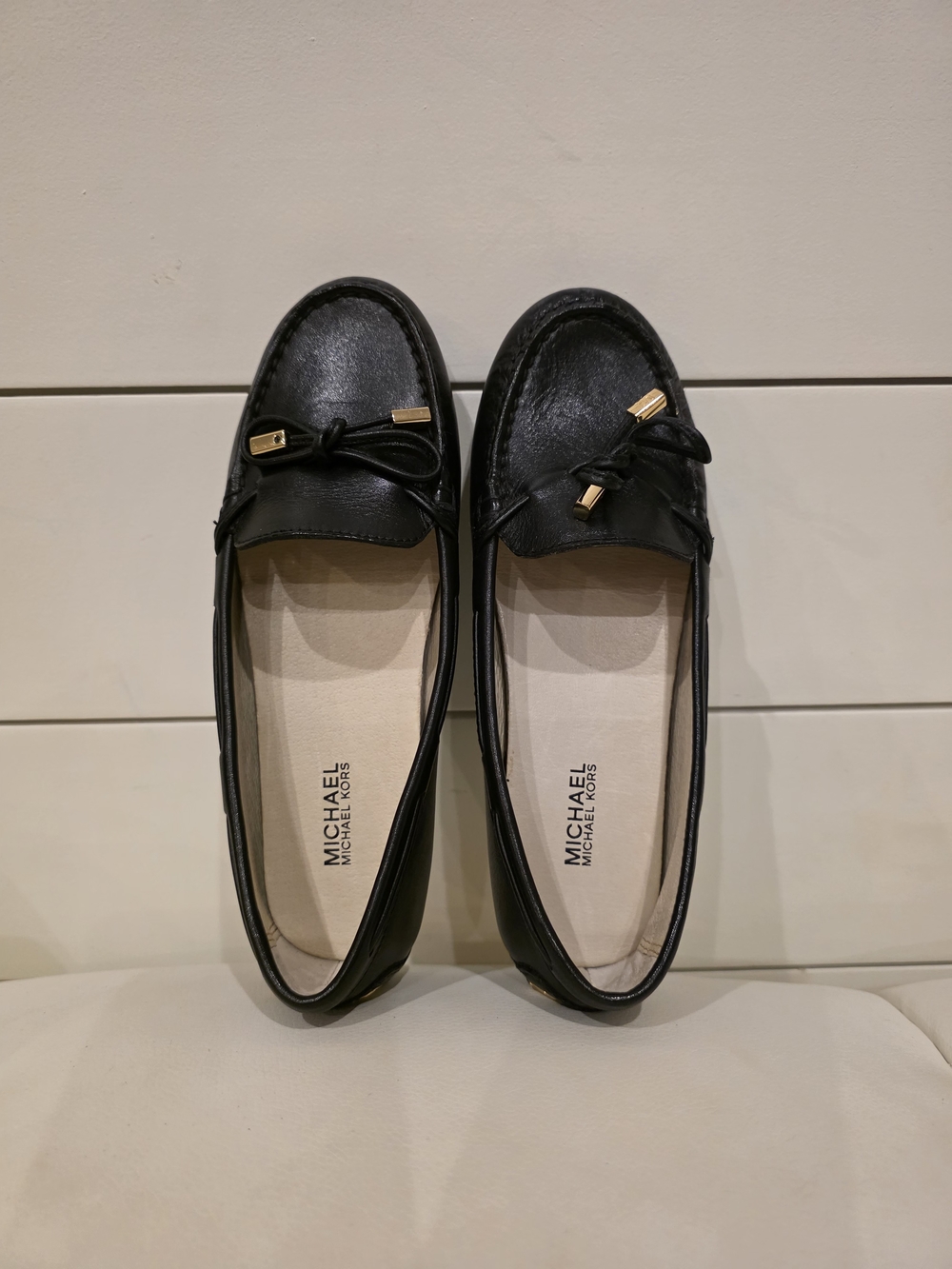Michael Kors Black Leather Bow-Trim Loafers with Gold Accents